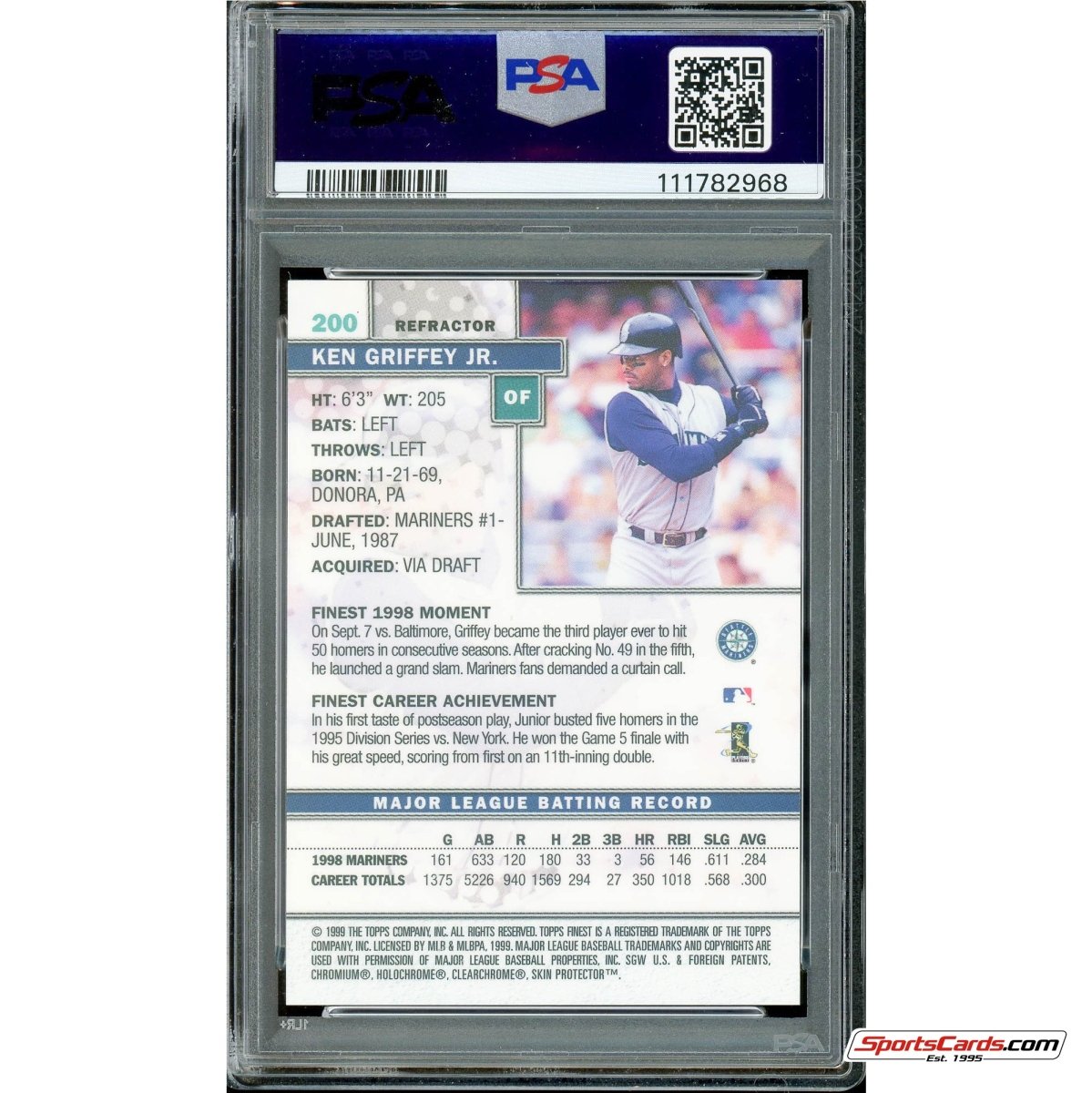 1999 Topps Finest Refractor Ken Griffey Jr. #200 PSA 10 Gem Mint