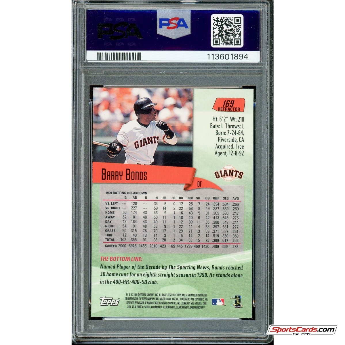 2000 Stadium Club Chrome Refractor Barry Bonds #169 PSA 9 Mint