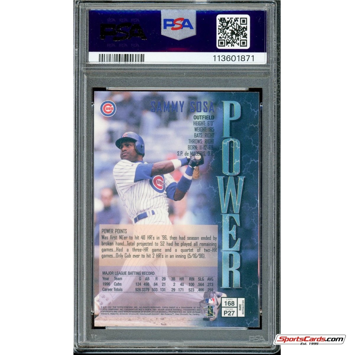 1997 Topps Finest Sammy Sosa Refractor #168 PSA 9 Mint
