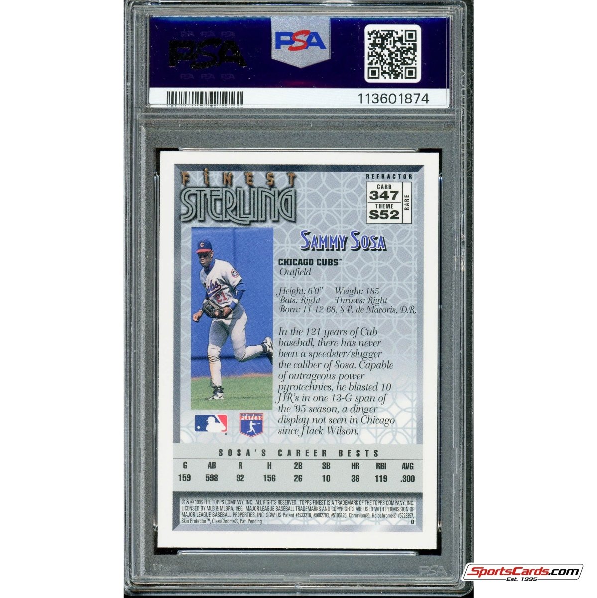 1996 Topps Finest Sammy Sosa Refractor W/ Coating #347 PSA 9 Mint