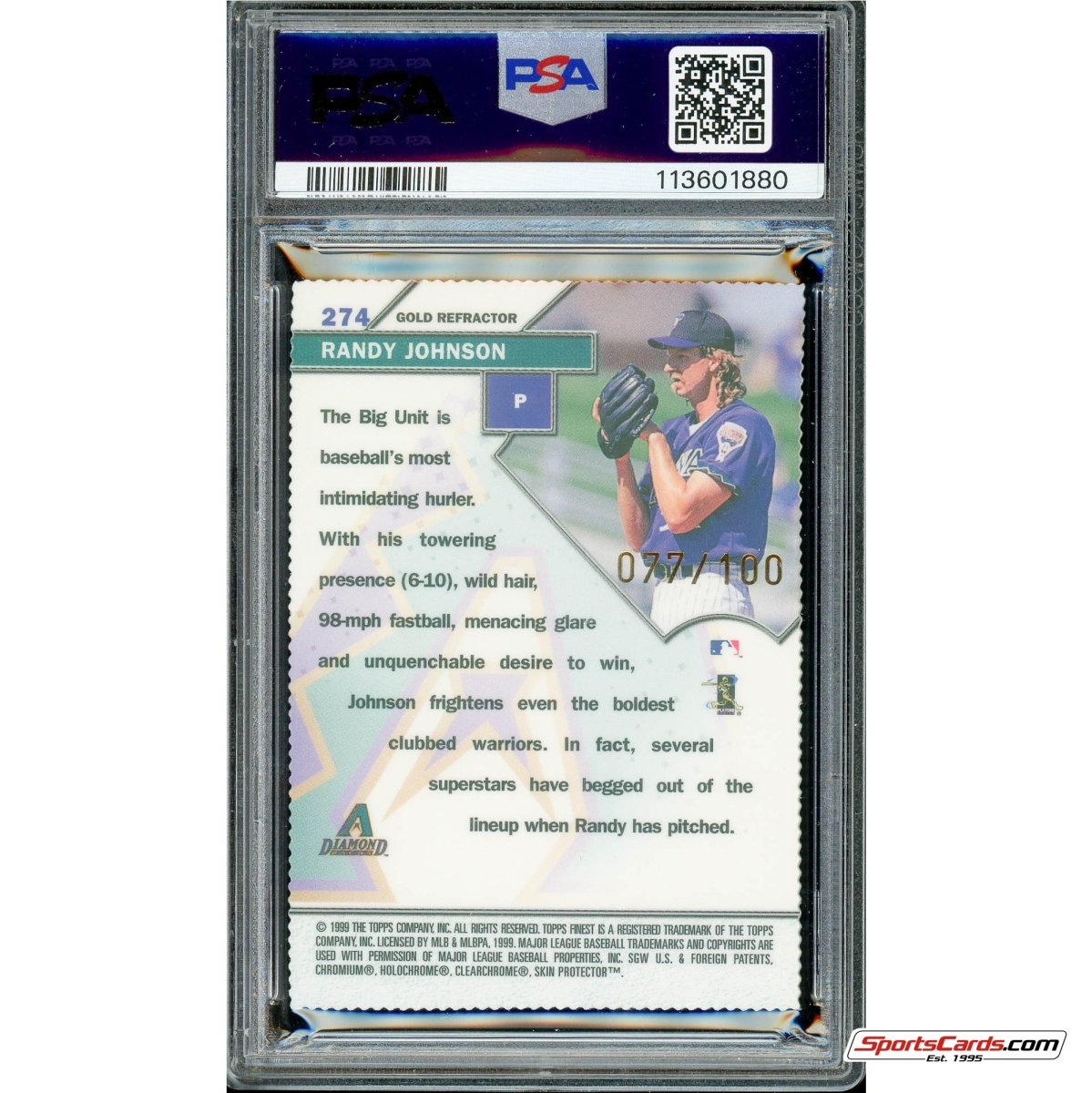 1999 Topps Finest Randy Johnson Gold Refractor #274 PSA Gem Mint 10 #/100