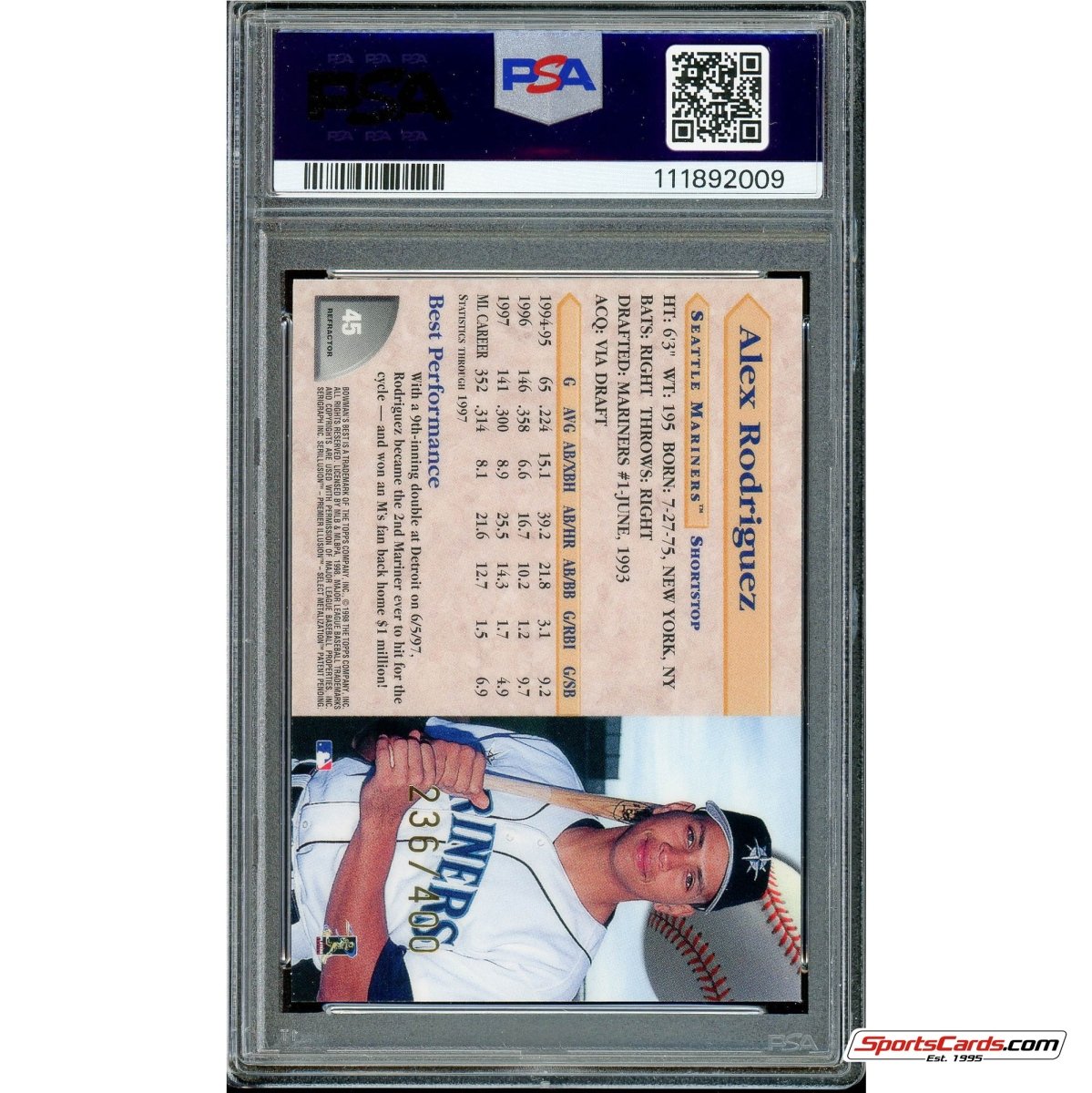 1998 Bowman's Best Alex Rodriguez Refractor #45 PSA Mint 9 #/400