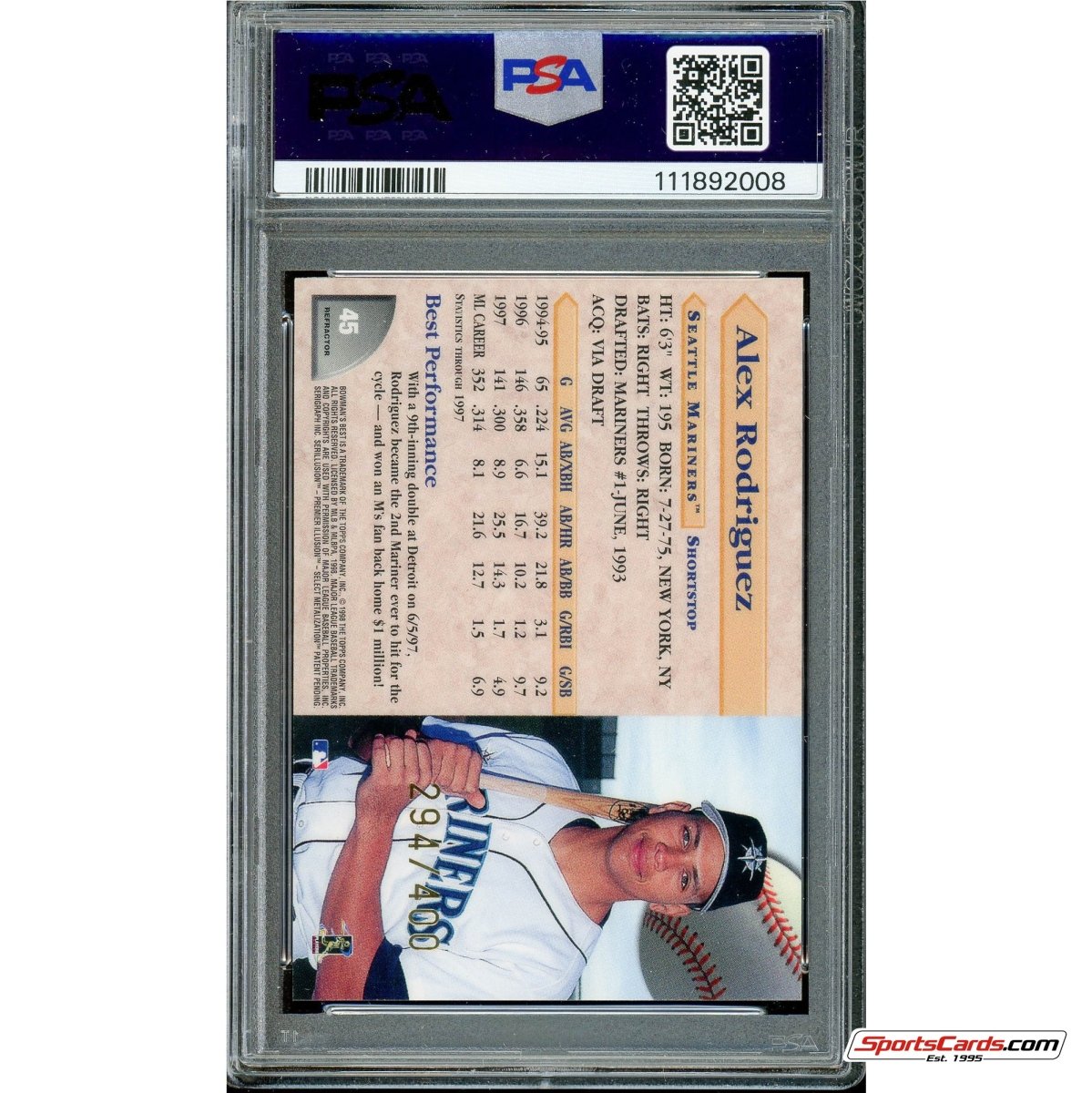 1998 Bowman's Best Alex Rodriguez Refractor #45 PSA Mint 9 #/400