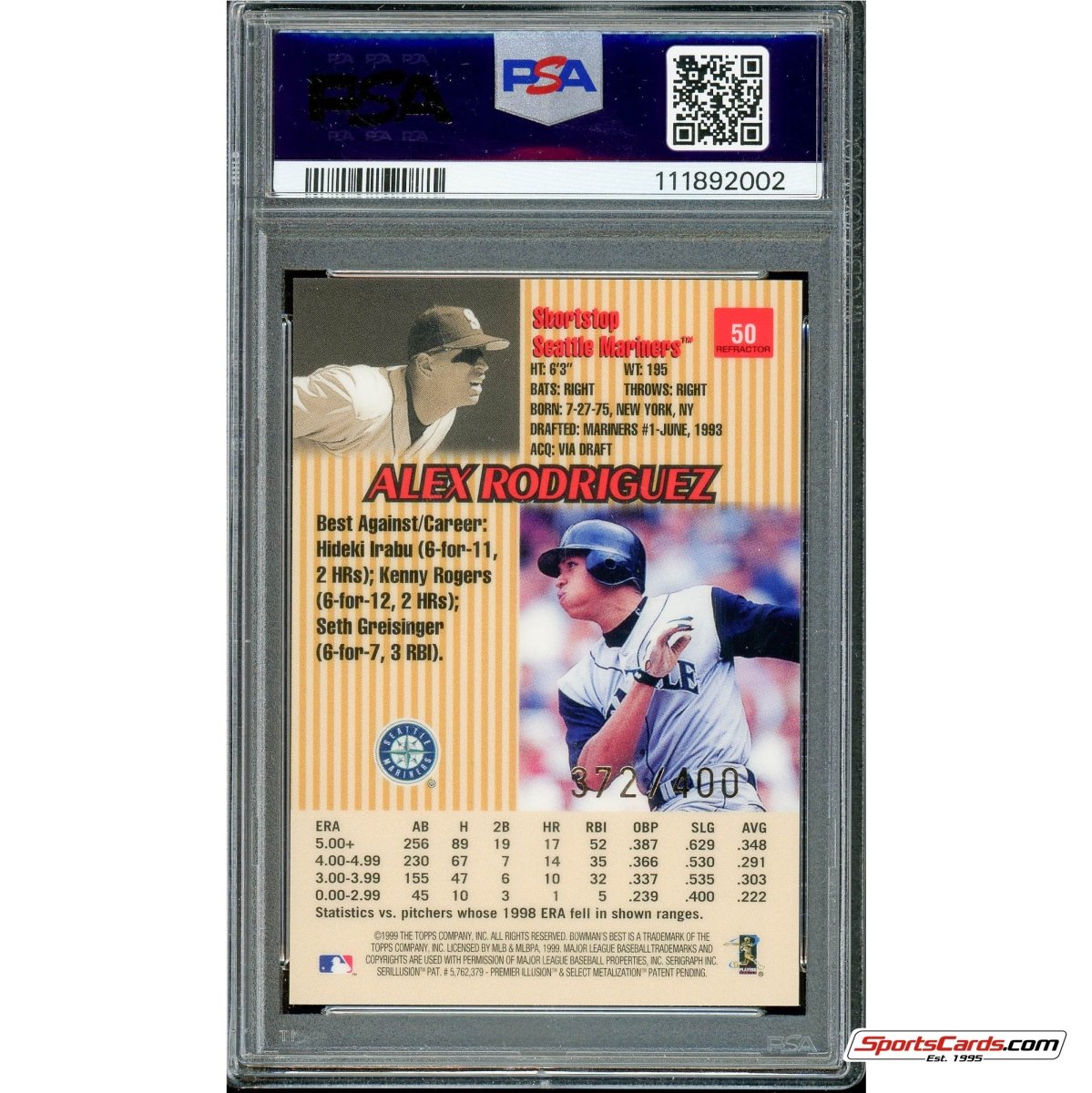 1999 Bowman's Best Alex Rodriguez Refractor #50 PSA Gem Mint 10 #/400