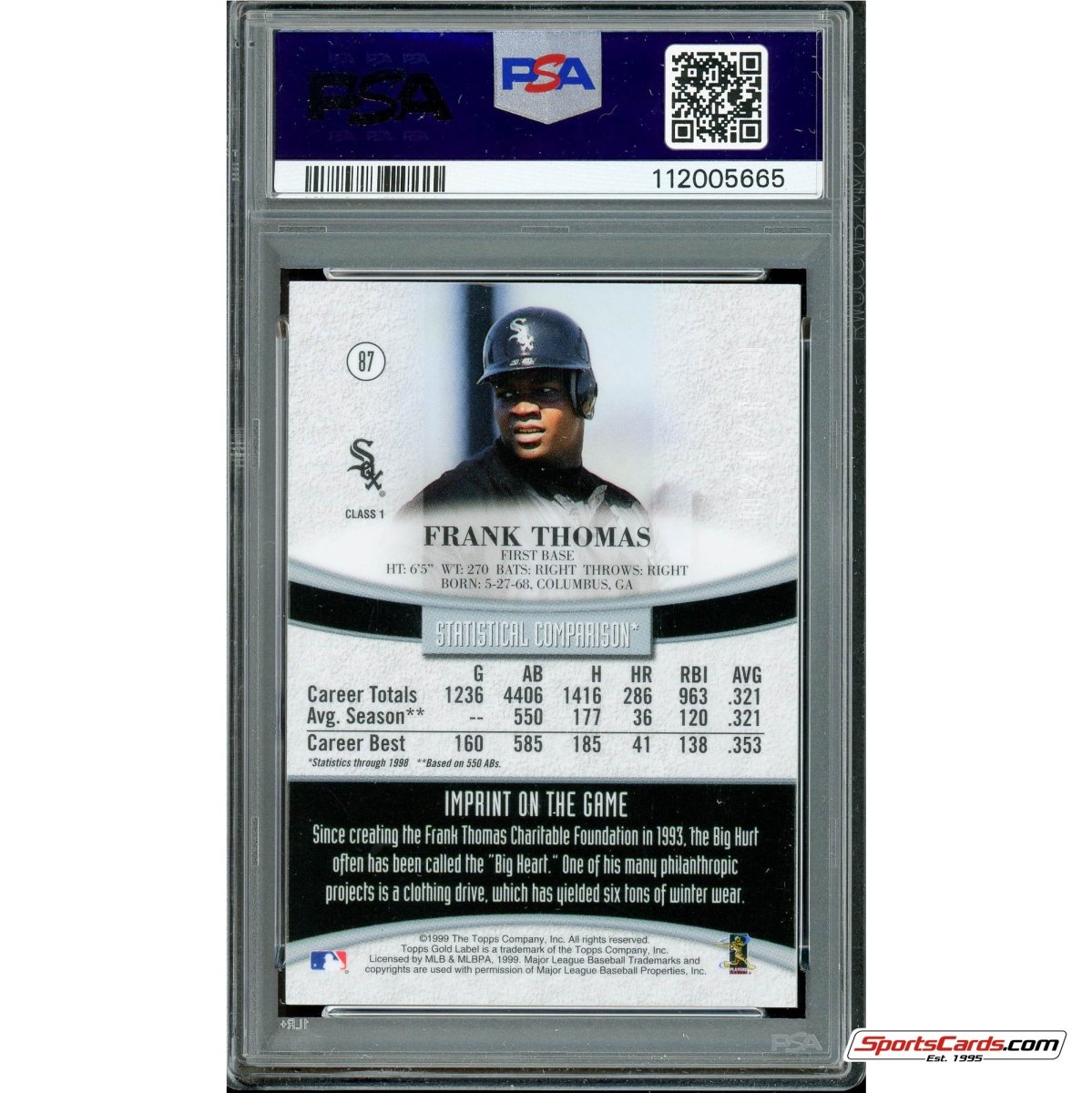 1999 Topps Gold Label Class 1 Red Label Frank Thomas #87 PSA 9 Mint #/100
