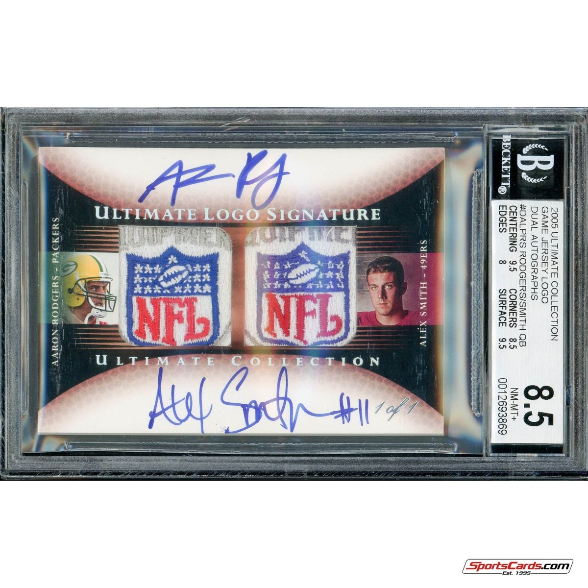 2005 Ultimate Collection Aaron Rodgers/Alex Smith Auto NFL Shield Patch RC (#1/1) BGS