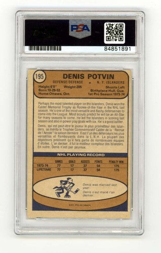 Dennis Potvin 1974-75 O-Pee-Chee OPC 195 RC w/ HOF + ROY Ins Signed PSA 10 Auto