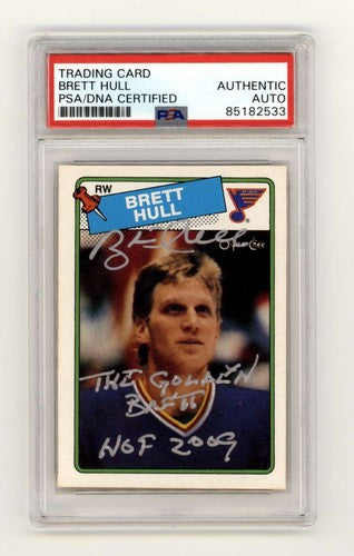 Brett Hull 1988-89 O-Pee-Chee OPC #66 RC w/ HOF + Golden Insc Signed PSA Auto