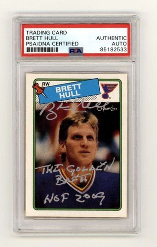 Brett Hull 1988-89 O-Pee-Chee OPC #66 RC w/ HOF + Golden Insc Signed PSA Auto