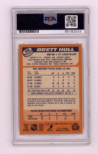 Brett Hull 1988-89 O-Pee-Chee OPC #66 RC w/ HOF + Golden Insc Signed PSA Auto