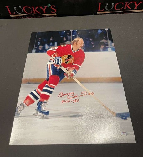 Bobby Hull Signed Autographed 16x20 Photo w/ HOF 1983 Blackhawks PSA COA