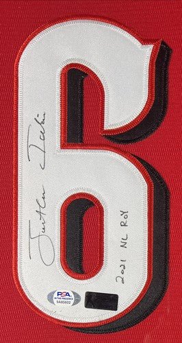 Jonathan India Signed Framed Custom Red Jersey w/ 2021 NL ROY Reds PSA ITP COA