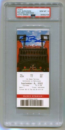 Alec Burleson Signed MLB Debut Game Ticket 9/8/22 PSA 10 Auto GEM MT Cardinals