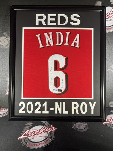Jonathan India Signed Framed Custom Red Jersey w/ 2021 NL ROY Reds PSA ITP COA