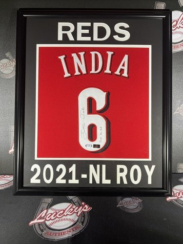 Jonathan India Signed Framed Custom Red Jersey w/ 2021 NL ROY Reds PSA ITP COA