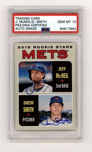 Jeff McNeil Drew Smith 2019 Topps Heritage #348 RC Dual Signed PSA 10 Auto Mets
