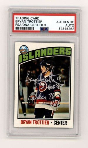 Bryan Trottier 1976-77 Topps #115 RC w/ HOF + ROY Ins Signed PSA Authentic Auto