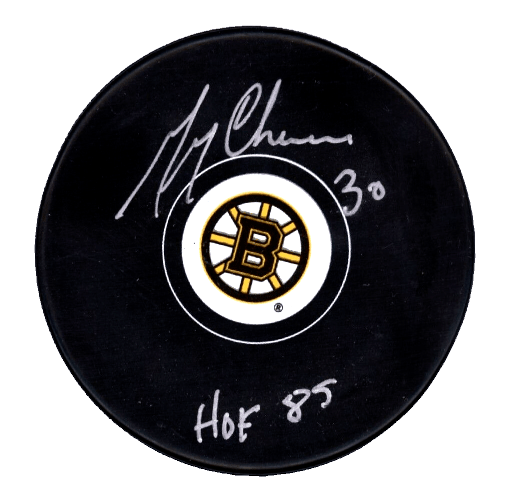 Gerry Cheevers Signed Autographed Boston Bruins Logo Puck w/ HOF 85 JSA COA