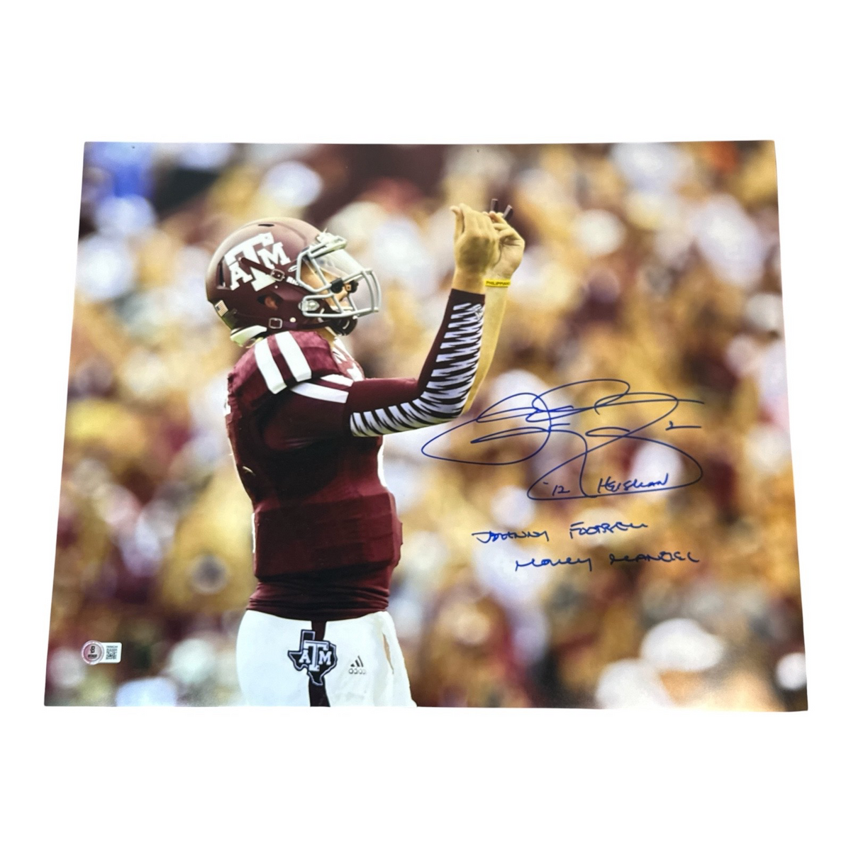 Johnny Manziel Signed Texas A&amp;M Aggies 16x20 Photo w/ 3 Insc. Beckett BAS COA