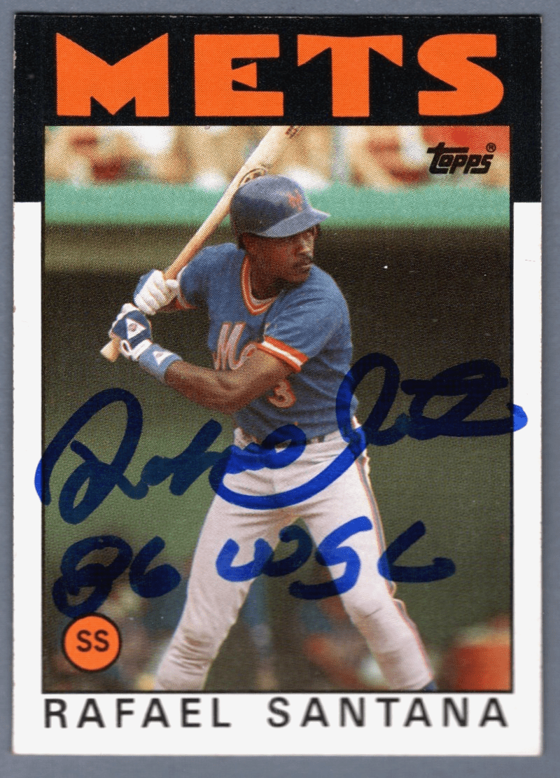 Rafael Santana Signed 1986 Topps #587 w/ 86 WSC Insc. LSCM COA NY Mets