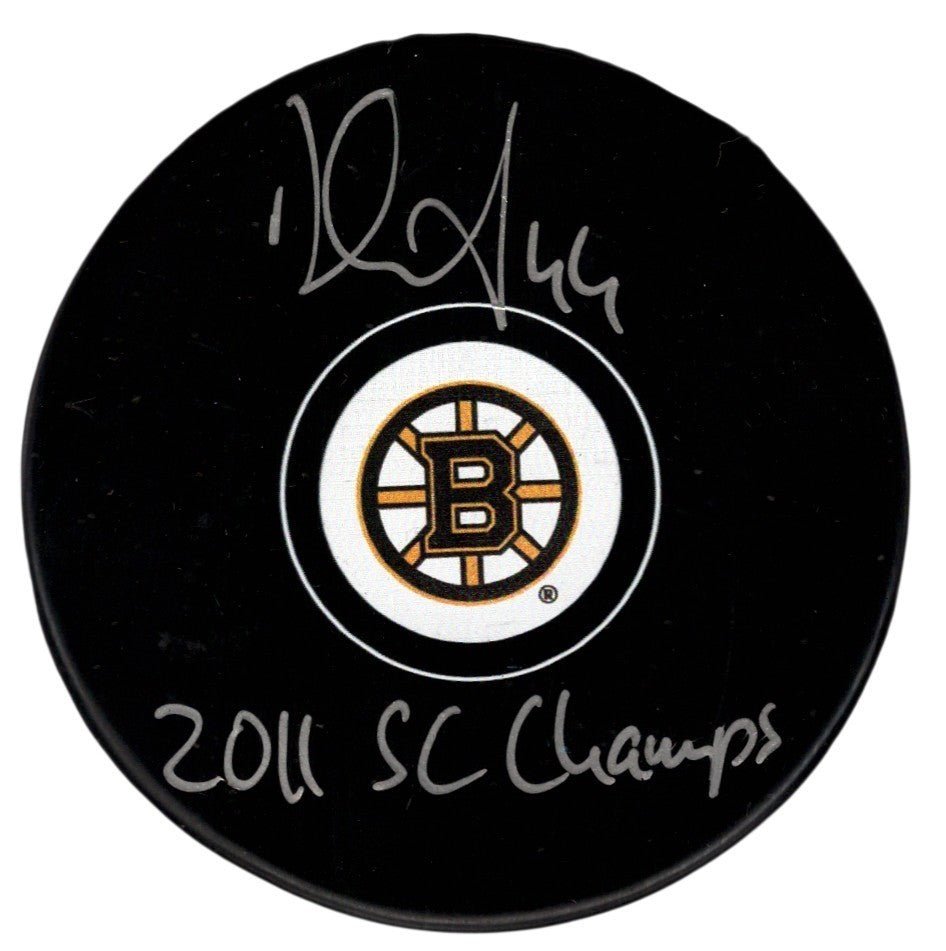 Dennis Seidenberg Signed Boston Bruins Logo Puck w/ 2011 SC Champs JSA Wit. COA