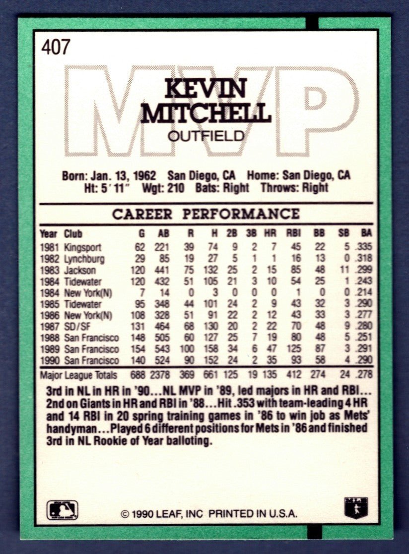 Kevin Mitchell Signed 1990 Leaf #407 MVP LSCM COA San Francisco Giants