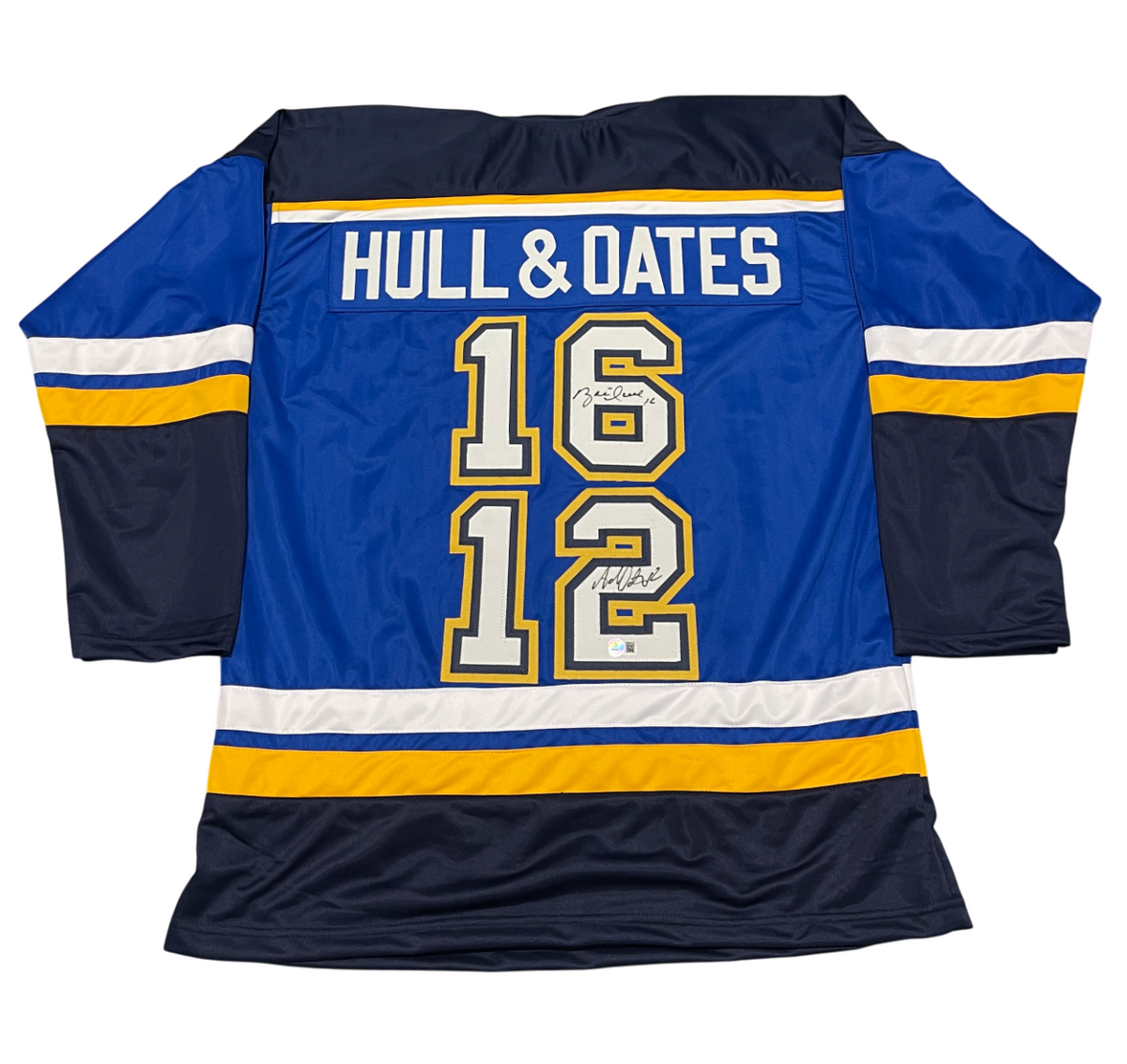 Brett Hull &amp; Adam Oates Dual Signed Blues Custom Jersey Beckett Witness BAS COA