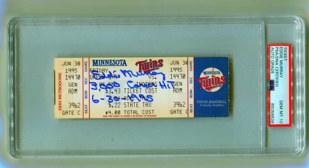 Eddie Murray Signed 3000th Hit Game Ticket 6/30/1995 w/ Inscription PSA 10 Auto