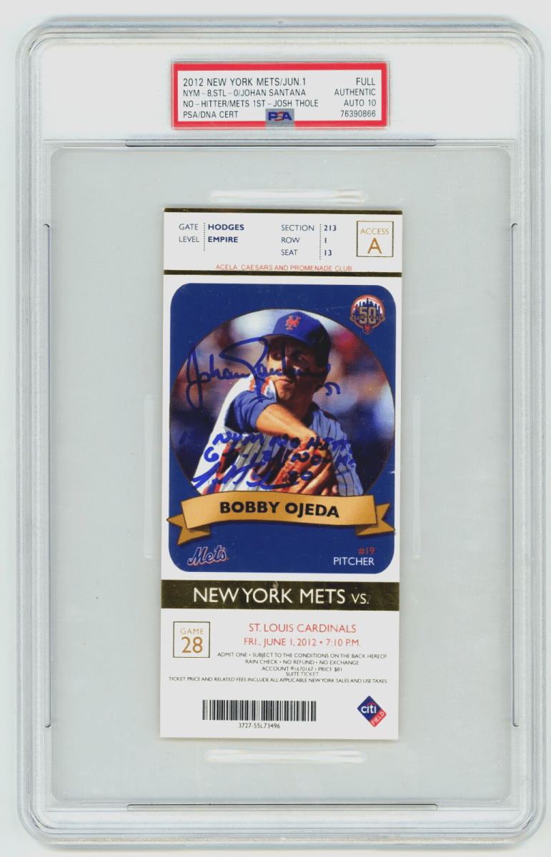 Johan Santana Josh Thole Signed Mets 1st No-Hitter Season Ticket Ins PSA 10 Auto