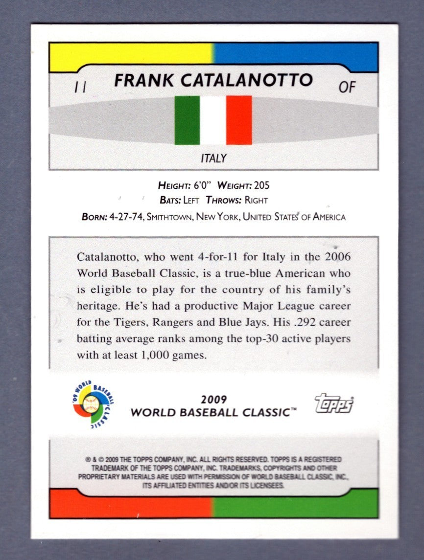 Frank Catalanotto Signed 2009 Topps WBC #11 w/ Forza Italia Insc. LSCM COA Italy