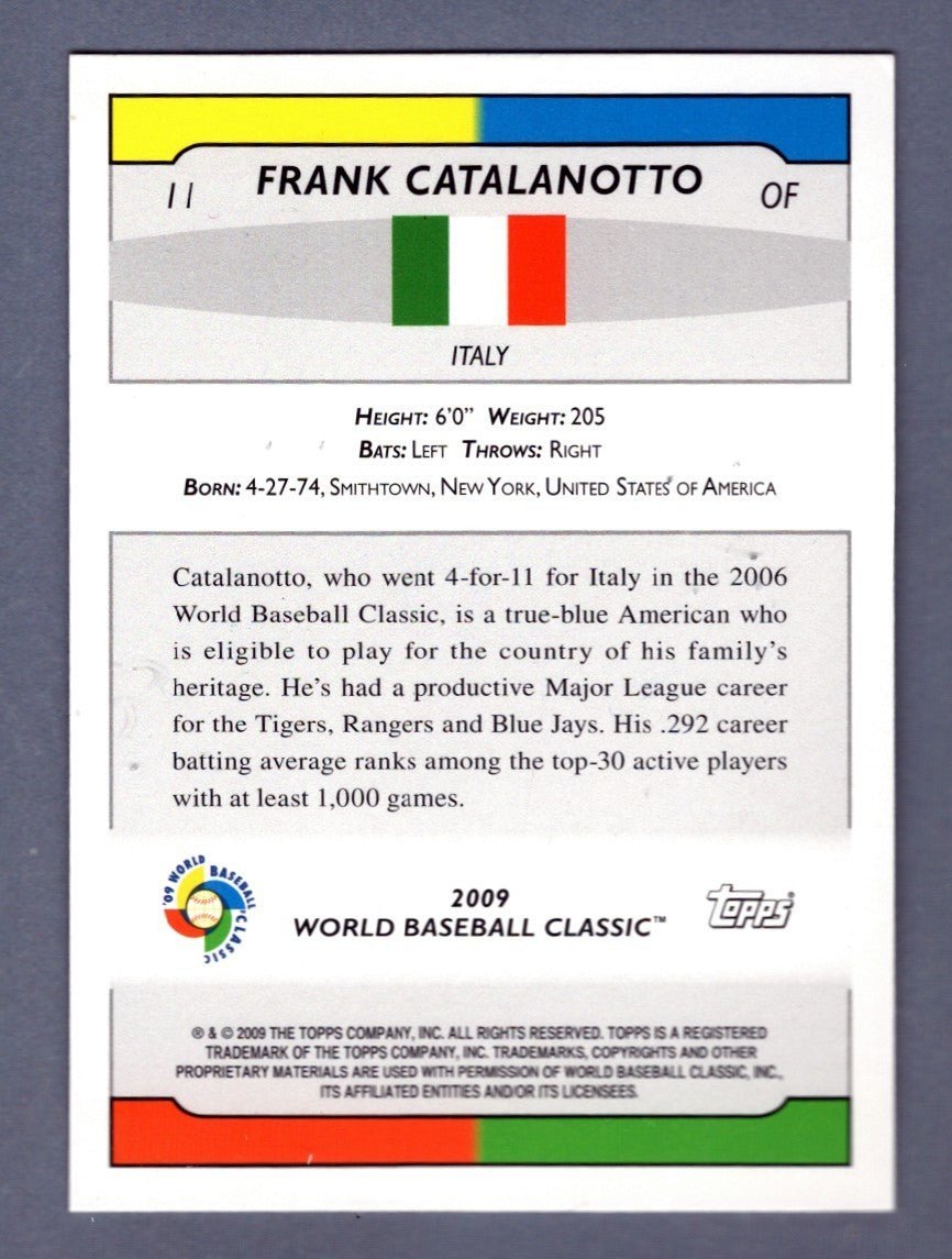 Frank Catalanotto Signed 2009 Topps WBC #11 w/ Forza Italia Insc. LSCM COA Italy