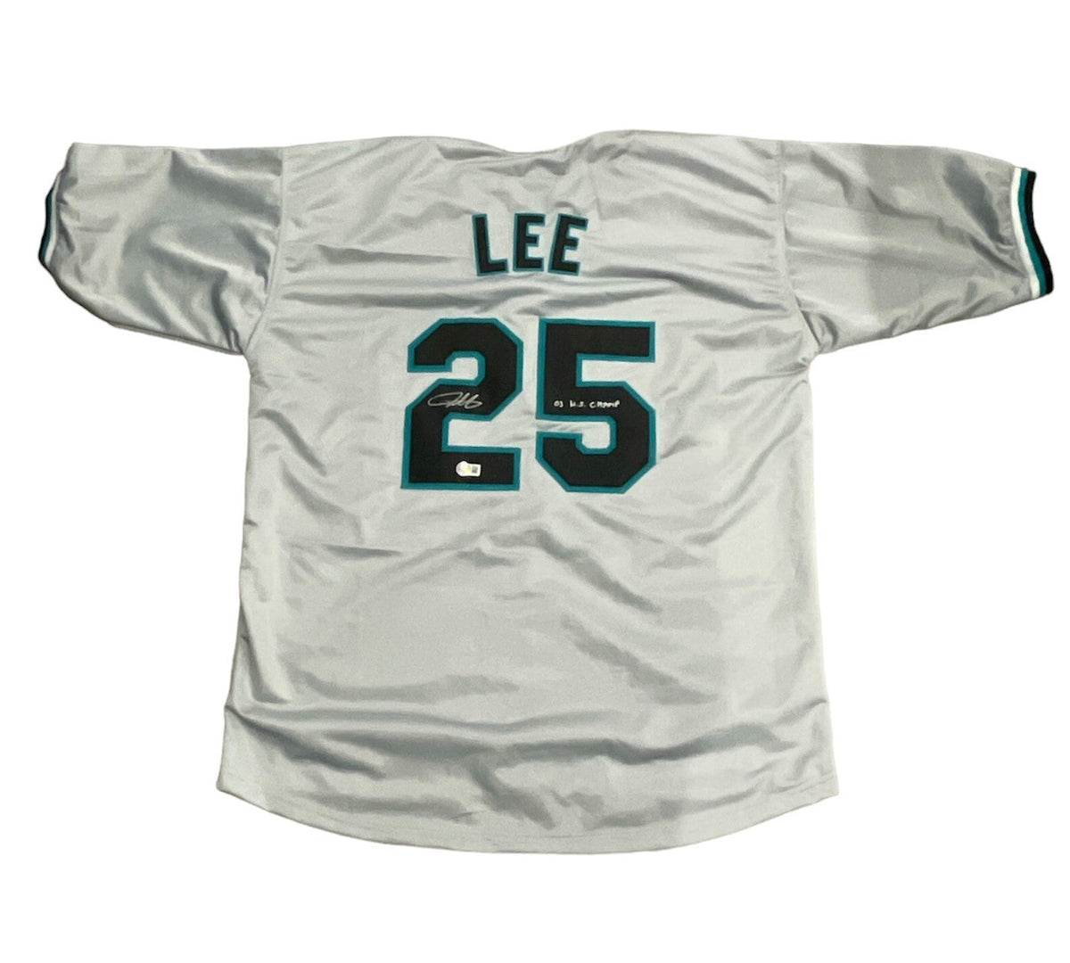 Derrek Lee Signed Florida Marlins Custom Jersey w 03 WS Champs Beckett W BAS COA