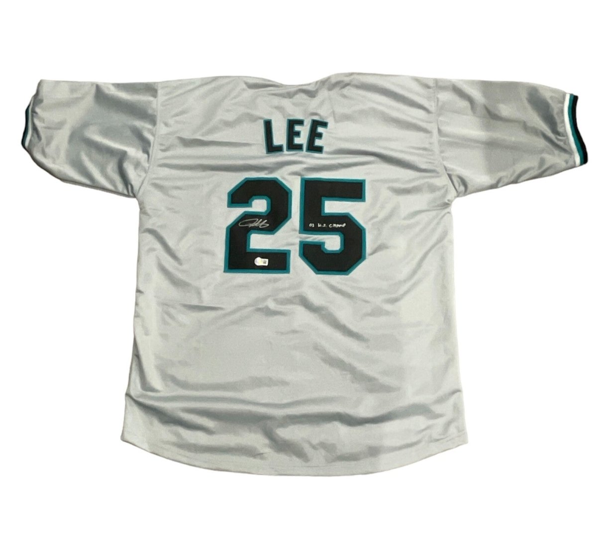 Derrek Lee Signed Florida Marlins Custom Jersey w 03 WS Champs Beckett W BAS COA