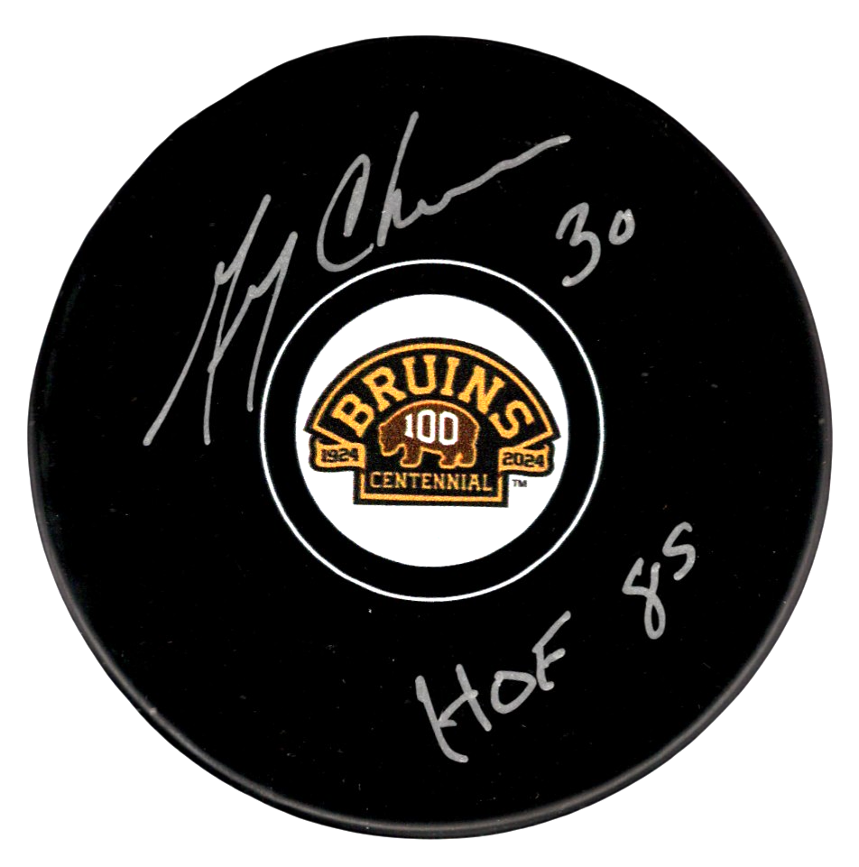 Gerry Cheevers Signed Bruins 100th Centennial Puck w/ HOF 85 Beckett Wit BAS COA