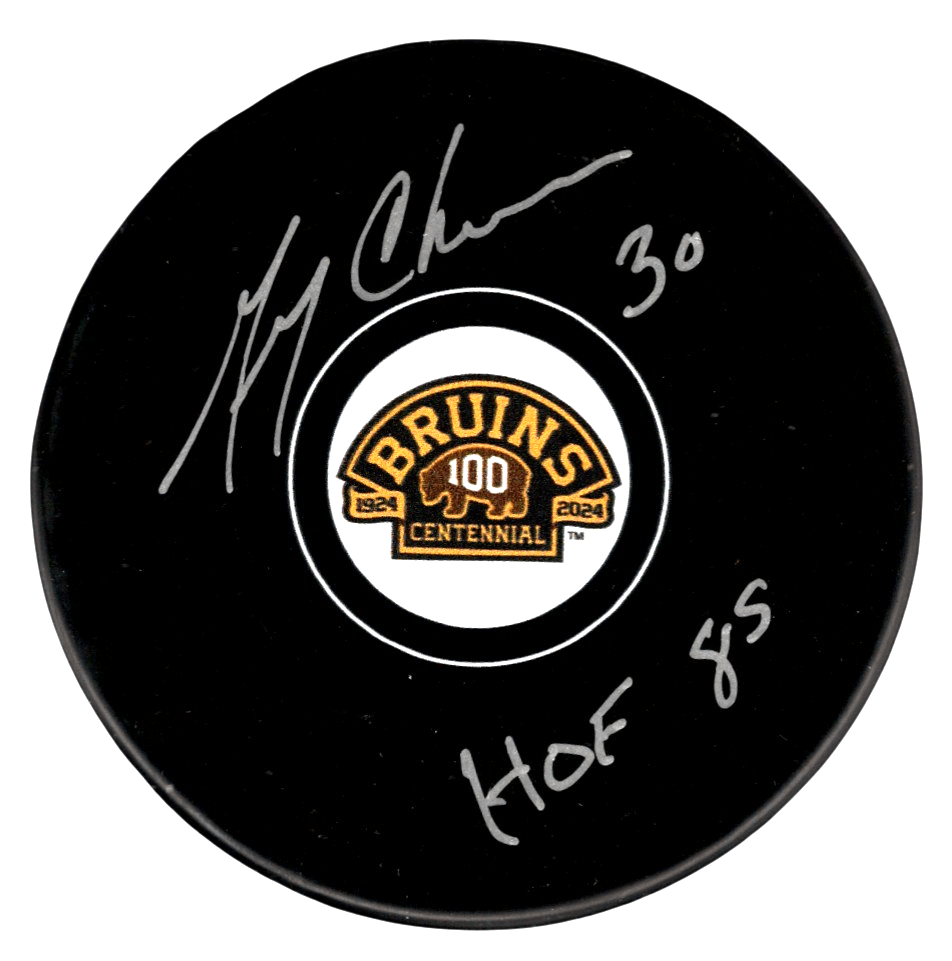Gerry Cheevers Signed Bruins 100th Centennial Puck w/ HOF 85 Beckett Wit BAS COA