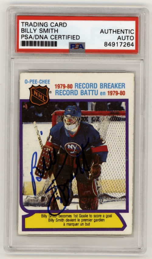Billy Smith 1980-81 O-Pee-Chee OPC #5 Record Breaker Signed PSA Auth Auto Blue