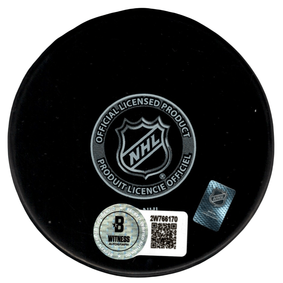 Brian Leetch Signed New York Rangers Puck w/ HOF 2009 Beckett Witness BAS COA