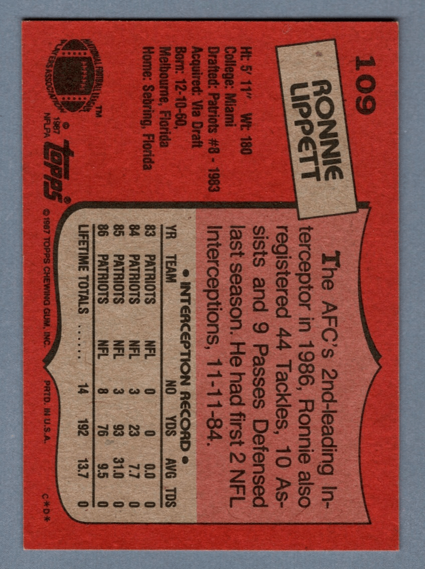 Ronnie Lippett Signed 1987 Topps Football #109 RC w/ NEP All 80's Team LSCM COA