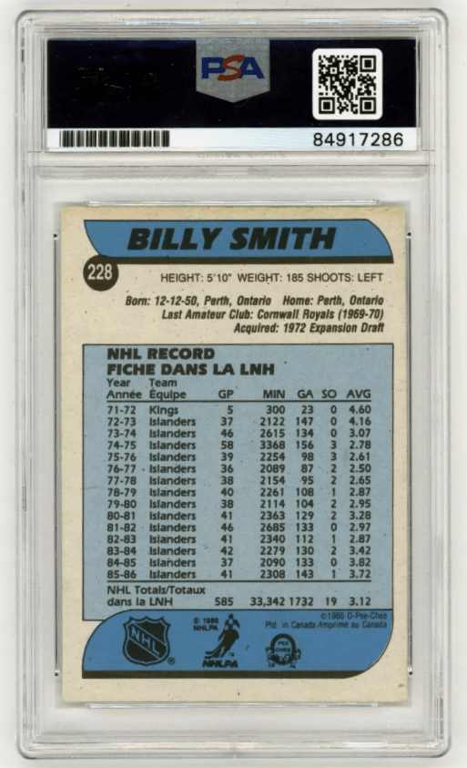 Billy Smith 1986-87 O-Pee-Chee OPC #228 Signed PSA Authentic Auto Islanders HOF