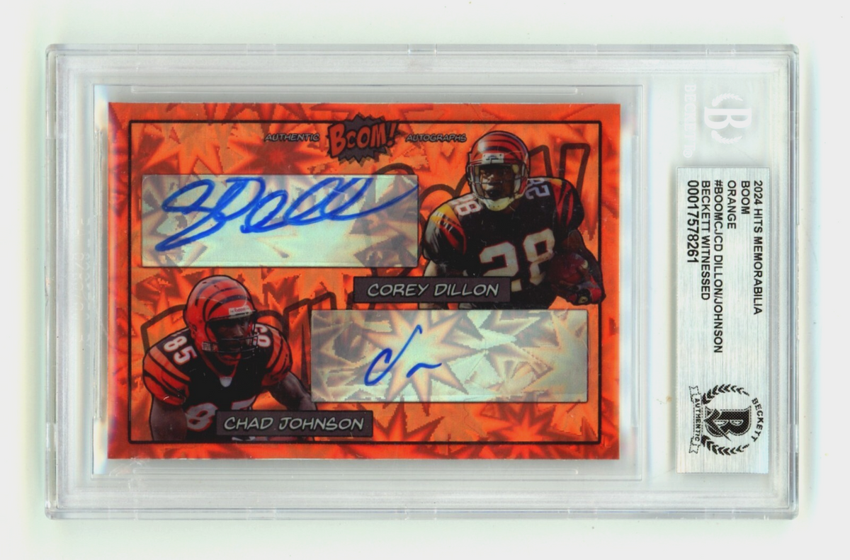 Corey Dillon &amp; Chad Johnson 2024 Hits Memorabilia BOOM Orange /5 Signed BGS Auto