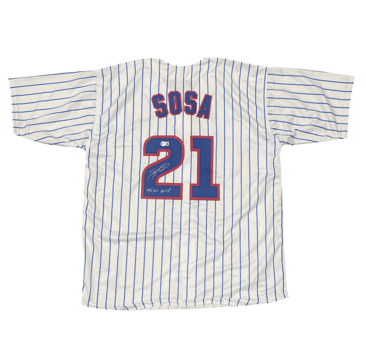 Sammy Sosa Signed Cubs Custom Jersey w/ 98 NL MVP Beckett Witness BAS COA