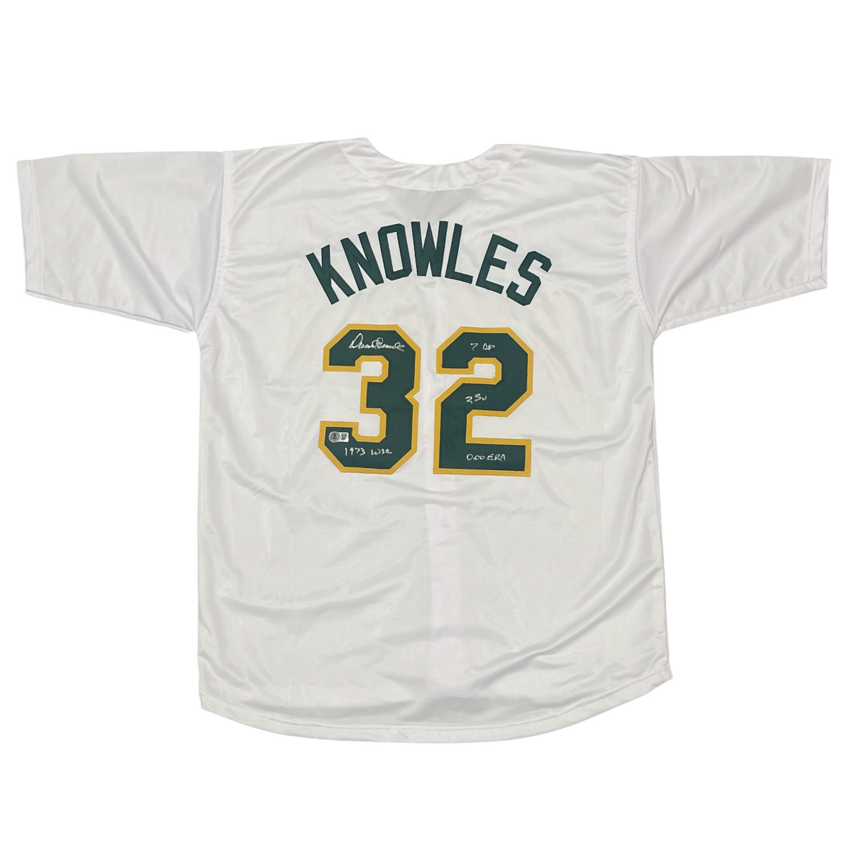 Darold Knowles Signed Athletics Custom Jersey w/ 1973 WS Ins Beckett Wit BAS COA