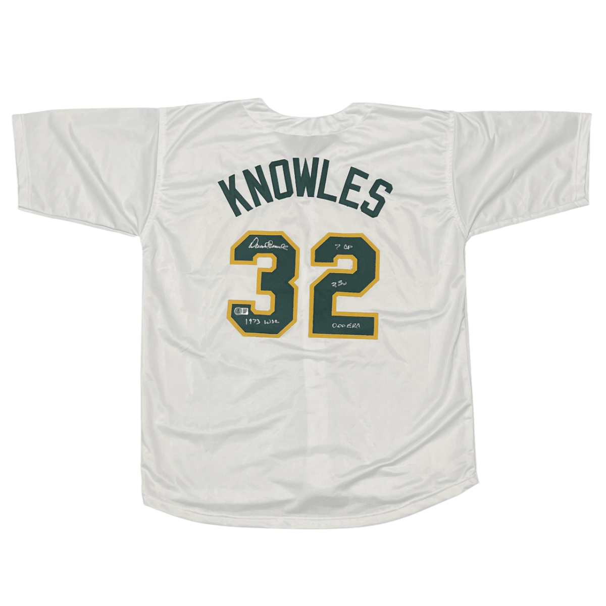 Darold Knowles Signed Athletics Custom Jersey w/ 1973 WS Ins Beckett Wit BAS COA