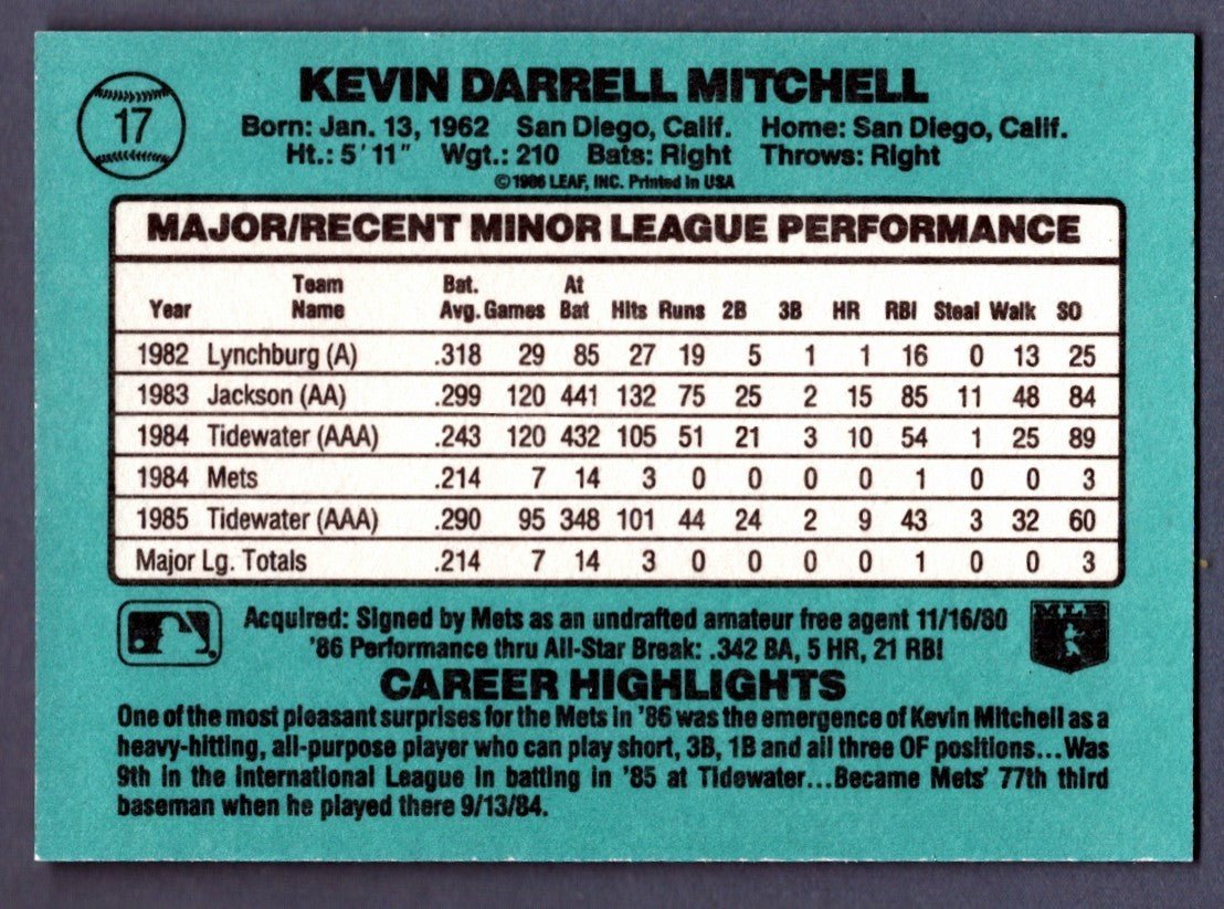 Kevin Mitchell Signed 1986 Donruss #17 The Rookies RC LSCM COA New York Mets