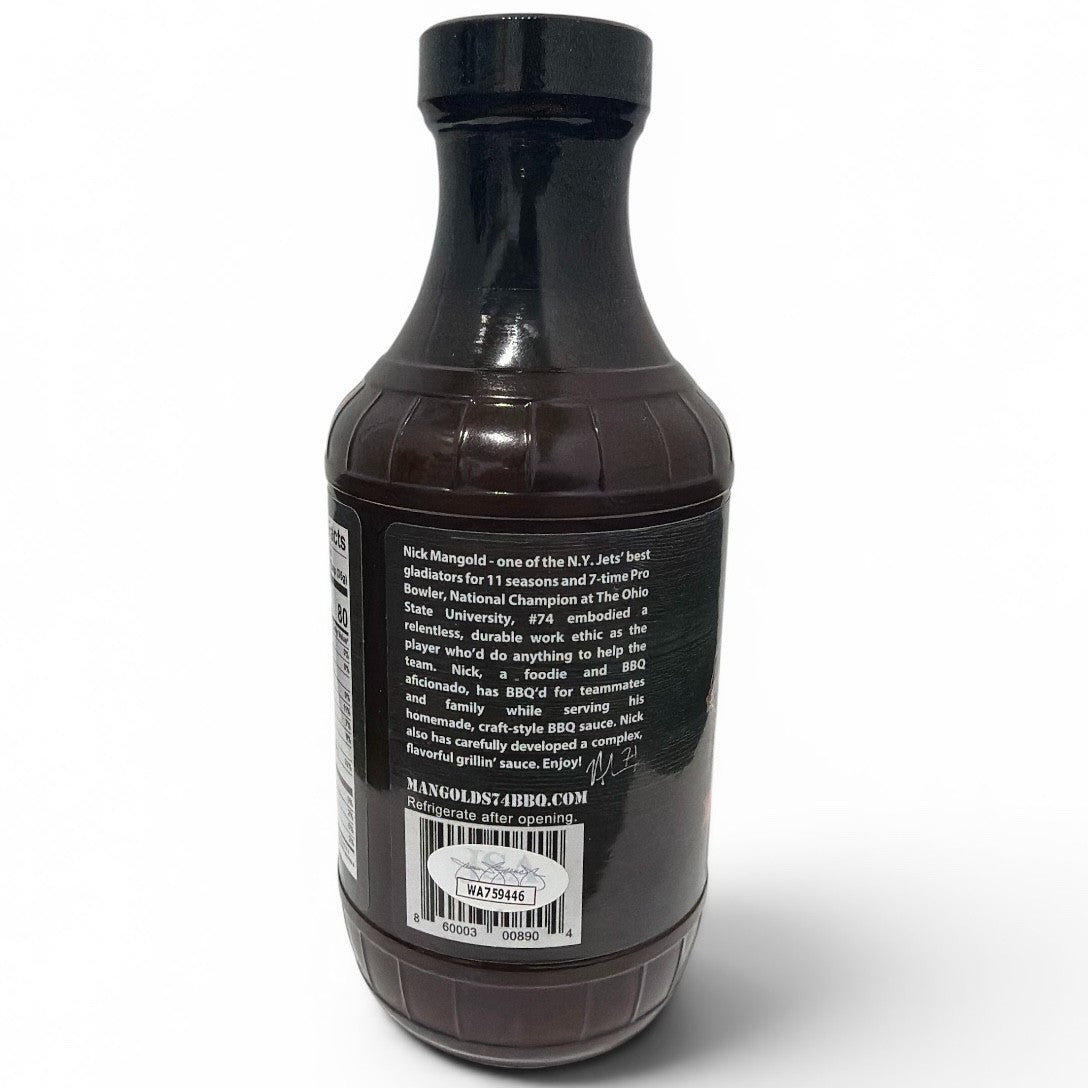 Nick Mangold Signed Autographed Mangold's 74 BBQ O.G. Sauce Jar JSA COA Jets