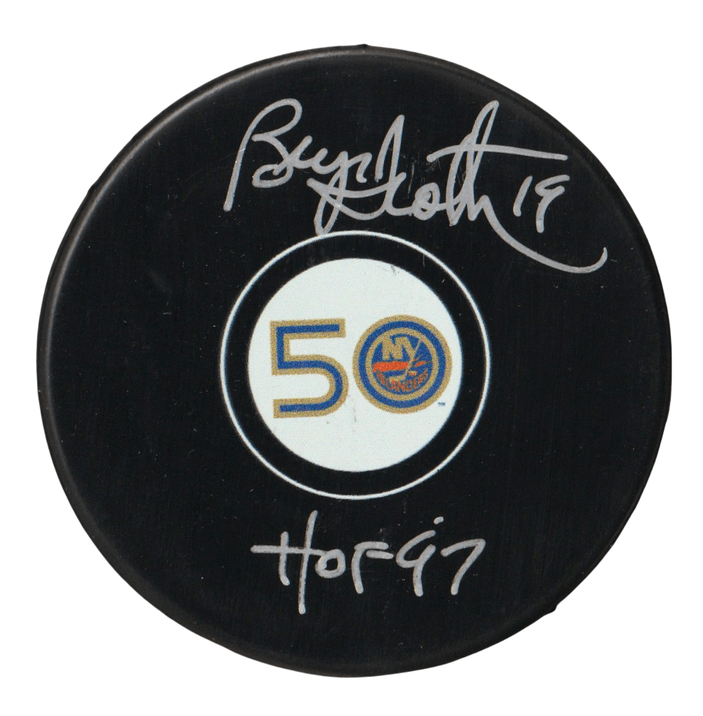 Bryan Trottier Signed Islanders 50th Ann Puck w/ HOF 97 Beckett Witness BAS COA
