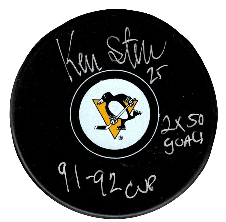 Kevin Stevens Signed Penguins Puck w/ 91-92 Cup 2x 50 Goal Beckett Wit BAS COA