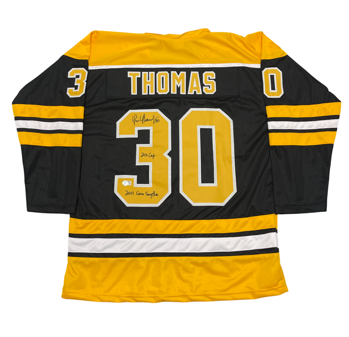 Tim Thomas Signed Bruins Custom Jersey w 2011 Cup &amp; Con Smythe Beckett W BAS COA