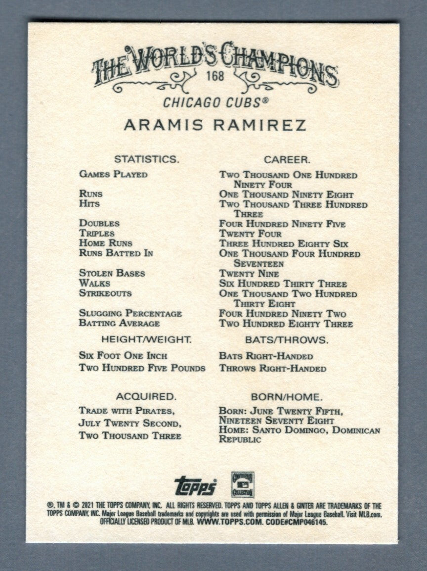 Aramis Ramirez Signed 2021 Topps Allen &amp; Ginter #168 LSCM COA Chicago Cubs