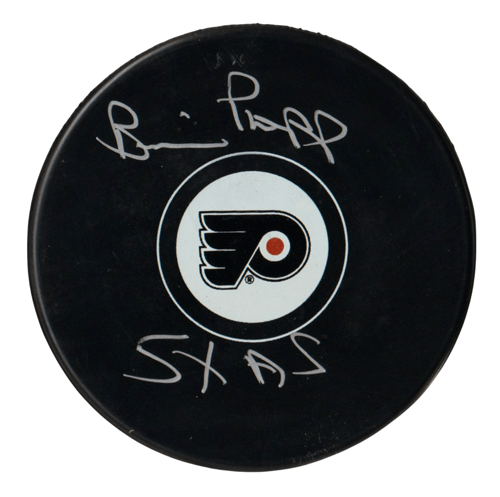 Brian Propp Signed Philadelphia Flyers Logo Puck w 5x AS Beckett Witness BAS COA